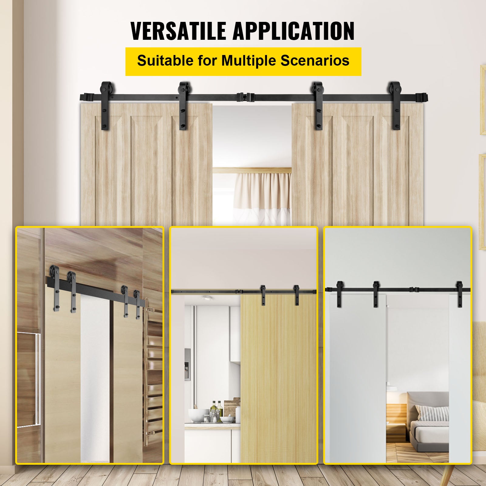 Kit ferramenta per porta doppia VEVOR da 366 cm, ferramenta per porta sospesa da 150 kg, binario per porta scorrevole in acciaio al carbonio, 4 ganci - 2