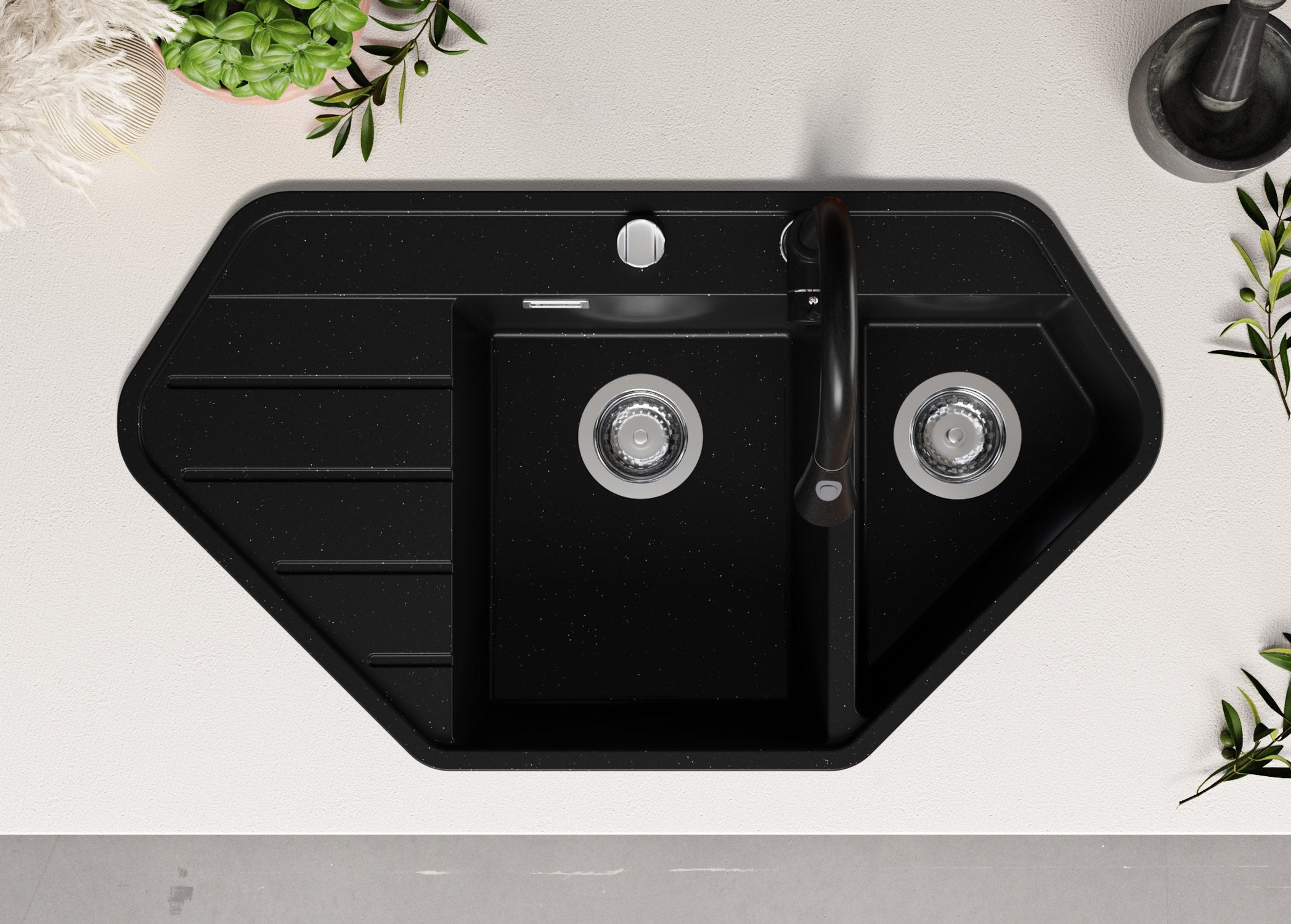 Evier d'angle en Granit Noir Métallisé 90x50cm, Lavabo Cuisine 1,5 bacs + Kit de Vidage + Accessoire, Évier à Encastrer au meuble 70cm PRIMAGRAN - 4