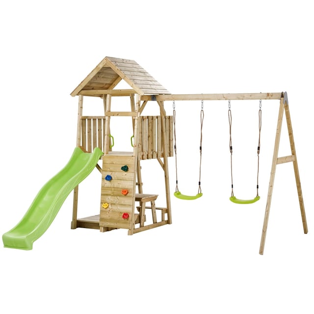 KANGUI Aire de jeux portique en bois WOODI - Double balançoire, toboggan, mur d'escalade, bac a sable, table pique nique, cabane, échelle