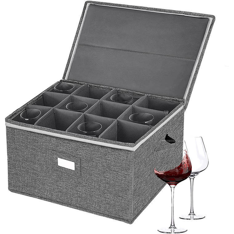 Caja de almacenamiento para copas de vino, cajas móviles con divisor, ventana con pestaña, caja de vidrio para 12 copas de vino, copas de vino tinto
