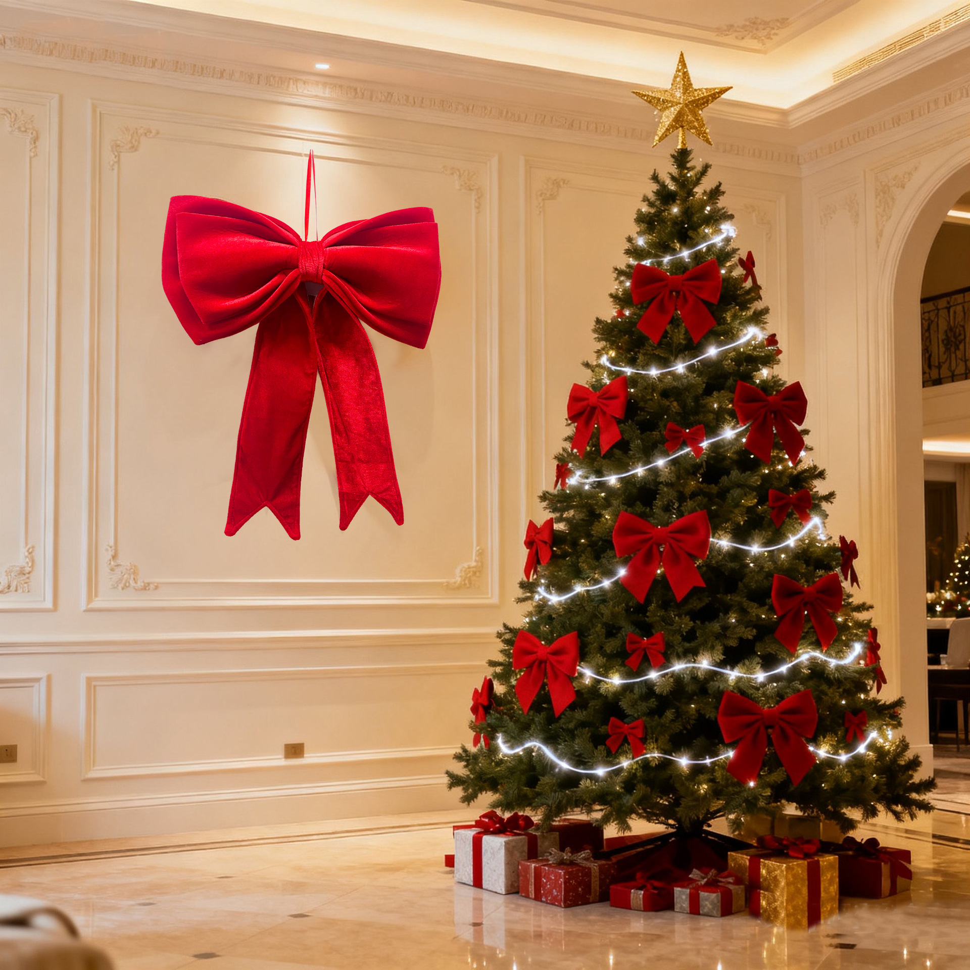 Enfeite de Laço de Natal, Decoração de Natal, Laço grande em veludo para decoração de árvores de Natal, casamentos, festas de fim de ano, 63 x 48 cm - 5