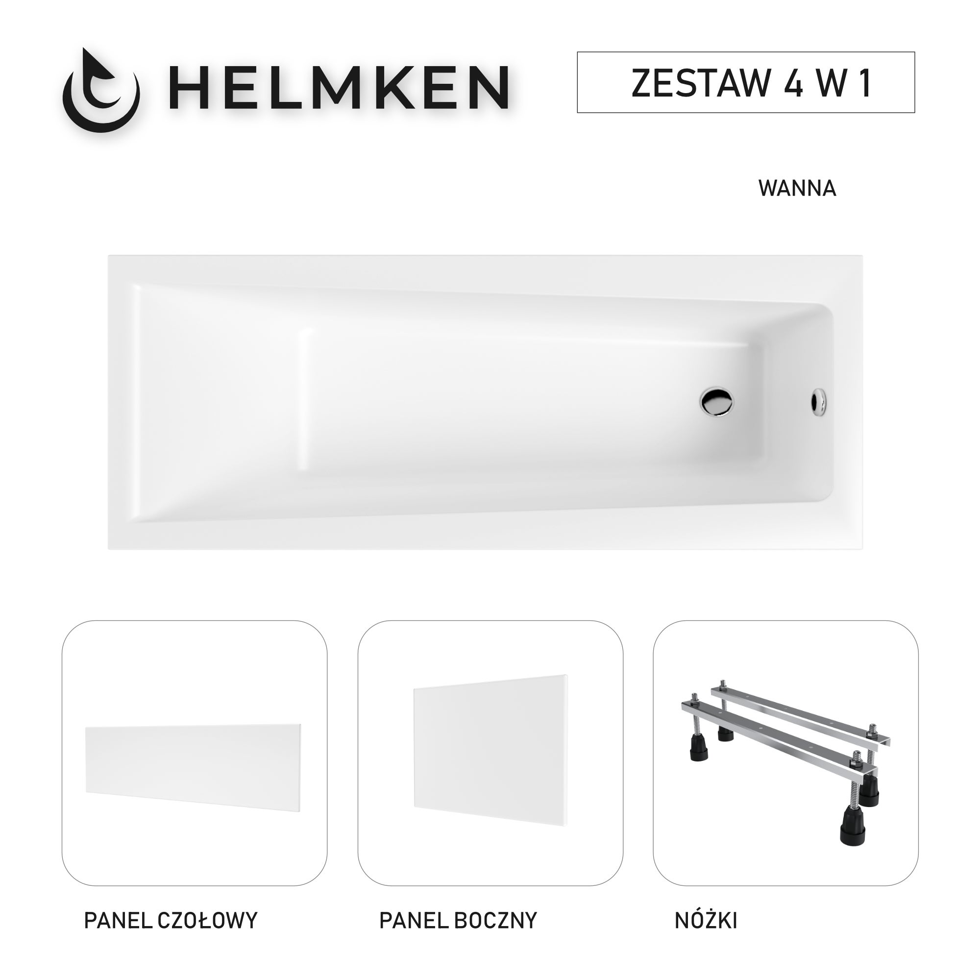 Wanna akrylowa Helmken Versailles 150x75 ze wzmocnionym korpusem + Panel czołowy i boczny Biały + Nóżki / 35070050ZW