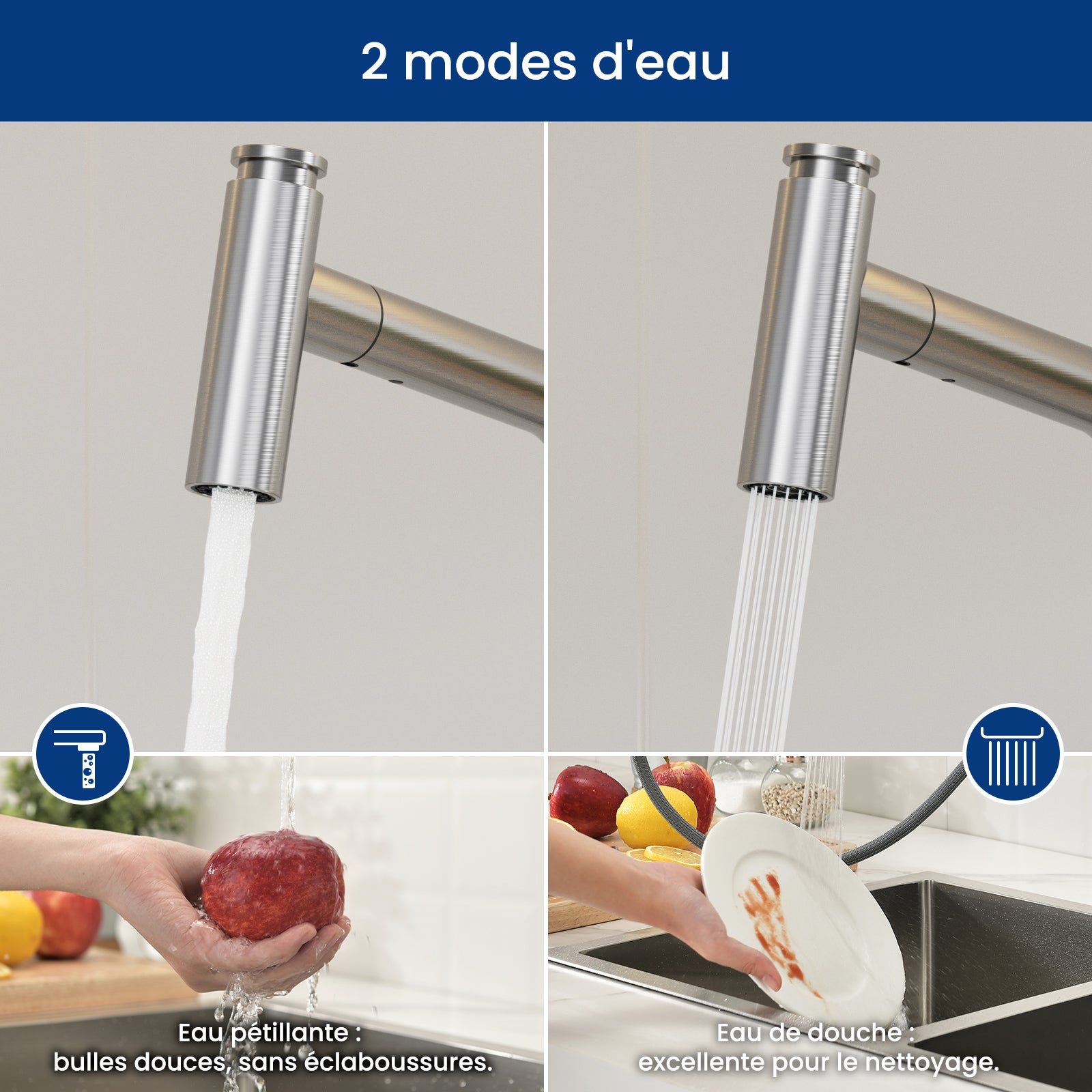 Torneira de cozinha com chuveiro de mão, torneira misturadora de cozinha com rotação de 360°, torneira com 2 modos de spray escovado - 4