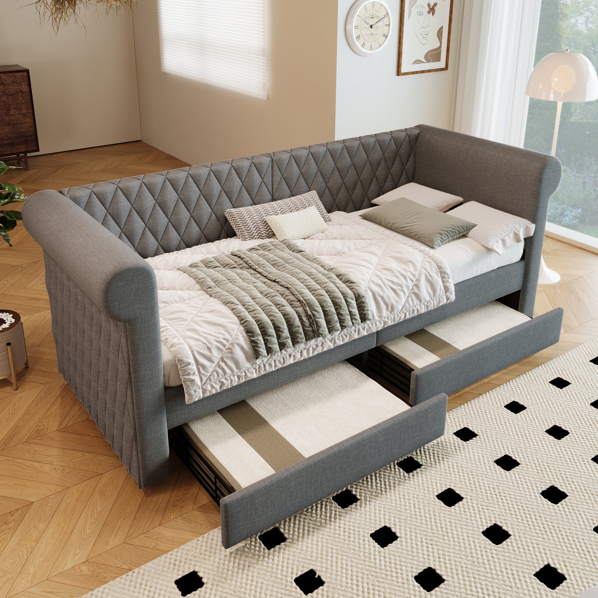 Łóżko tapicerowane 90 x 200 cm z 2 szufladami, sofa rozkładana - tkanina lniana - kolor szary (bez materaca)