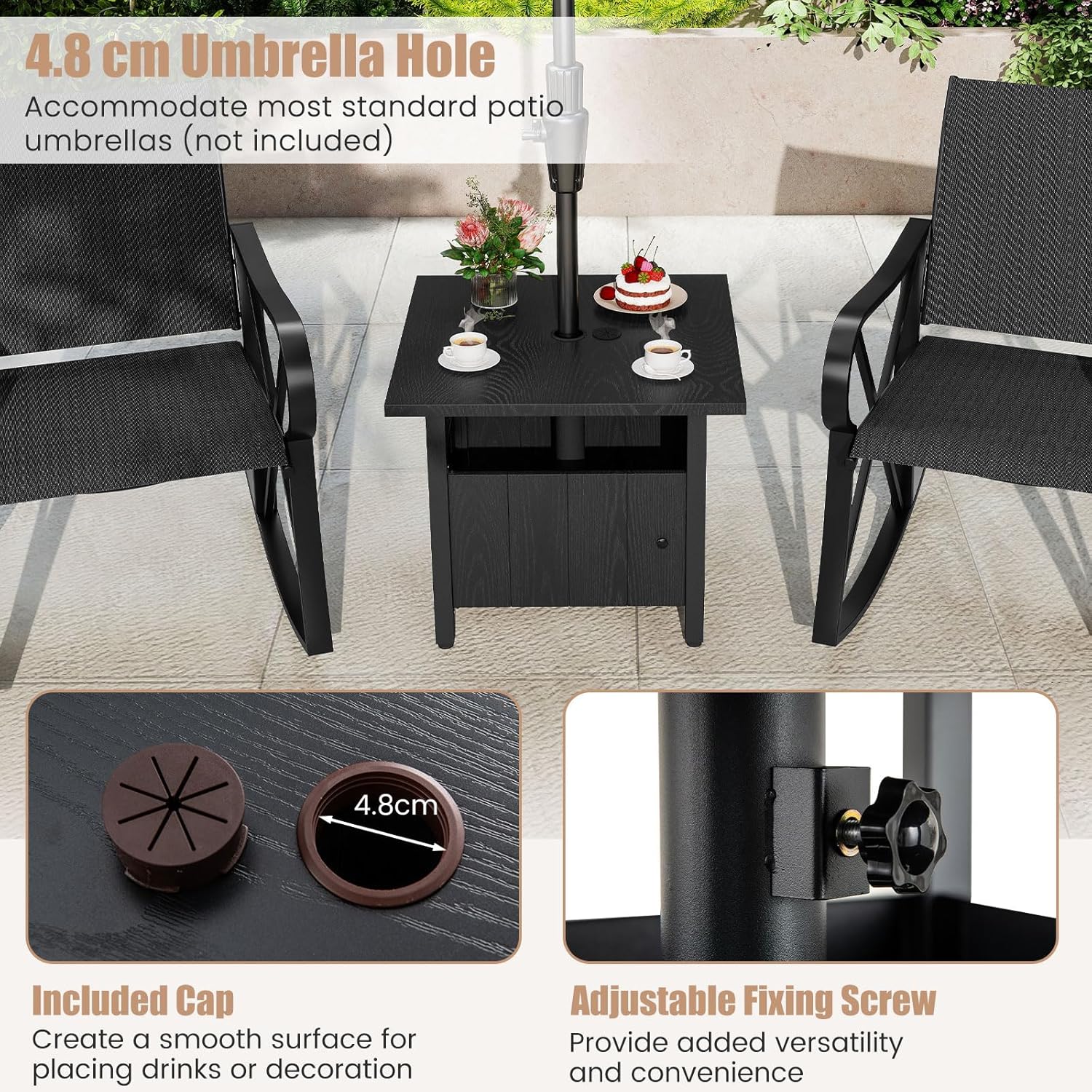 Table de Jardin avec Trou pour Parasol de 4,8 cm, Table d'Appoint Carrée avec 2 Sacs de Sable, Coussinets de Pieds Réglables et Rangement, Noir - 4