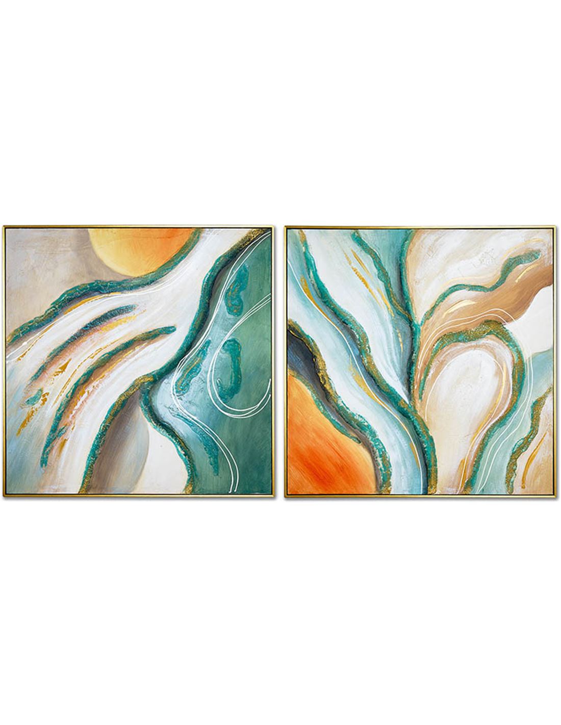 Juego de 2 cuadros 82*82 con marco abstracto ondas salmon y verde michigan