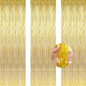Confezione da 2 tende in lamina metallica, con frange, per porta, finestra, cabina fotografica luccicante, per compleanni, matrimoni, nascite, feste di Natale, decorazione (1 m x 1 m, oro