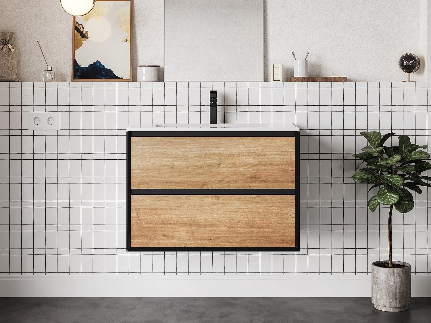 Szafka łazienkowa wisząca w kolorze naturalnym i czarnym - 80 cm - LANNICK