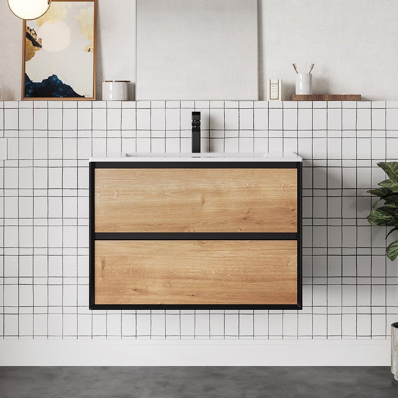 Szafka łazienkowa wisząca w kolorze naturalnym i czarnym - 80 cm - LANNICK