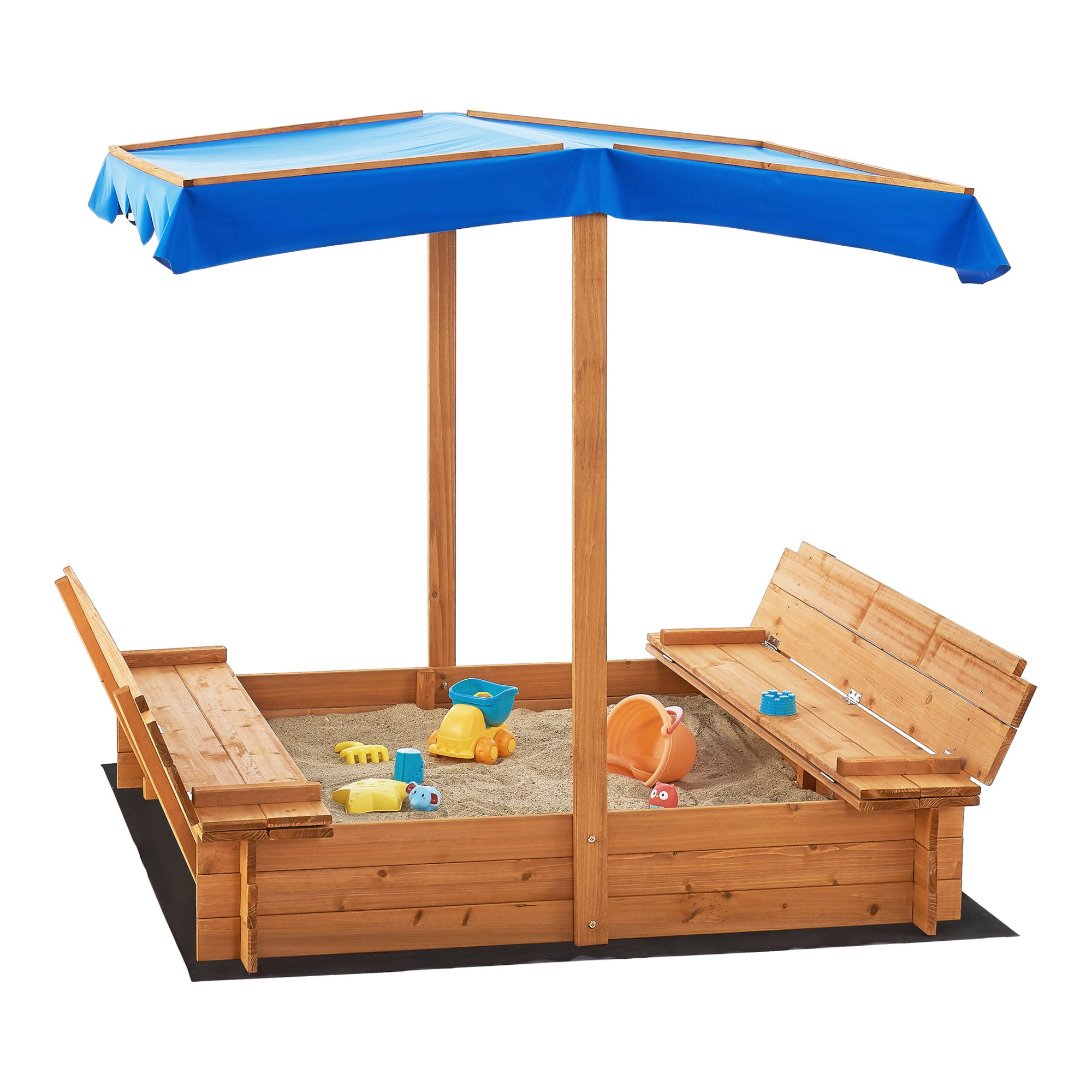 SPRINGOS Bac à Sable En Bois Massif 120 X 120 Cm – Avec Bancs Pliants, Bâche, Tapis De Sol Et Protection Imperméabilisante – Marron