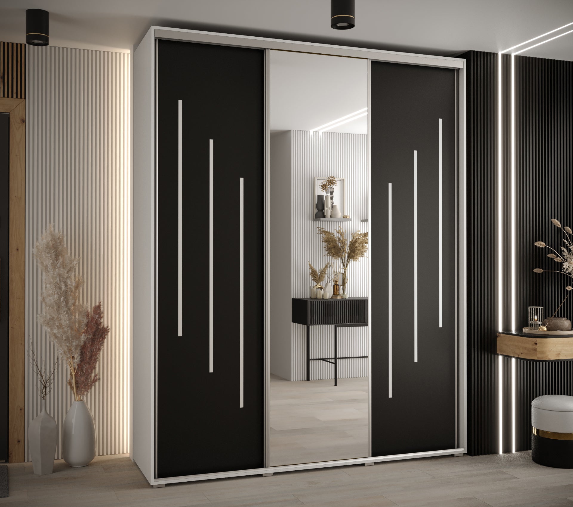 Szafa przesuwna z lustrem wysoka Davos 9 200 x 60 x 235,2 cm biały + czarny + u. srebrny - Abiks Meble - 2