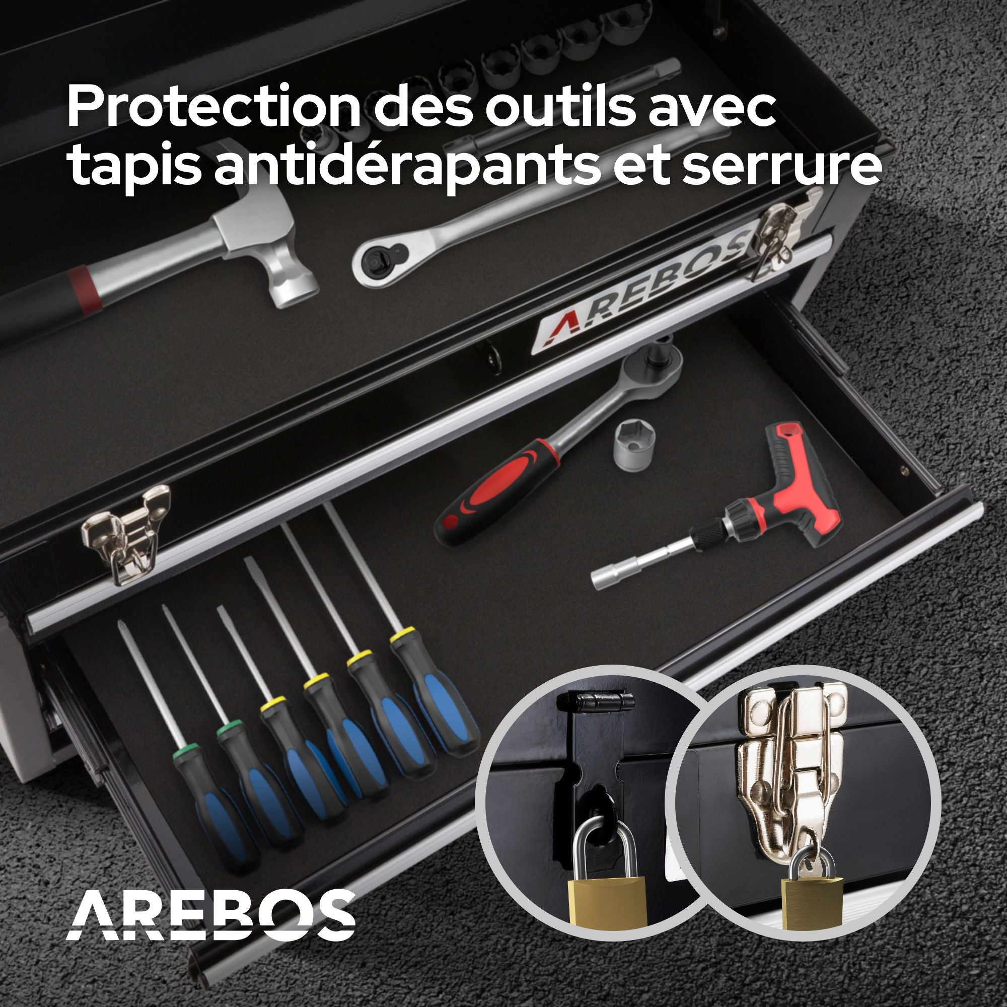AREBOS Boîte à outils avec 3 tiroirs et 2 compartiments de rangement Noir Poignée de transport et fermetures à pression Coffret à Outils - 8