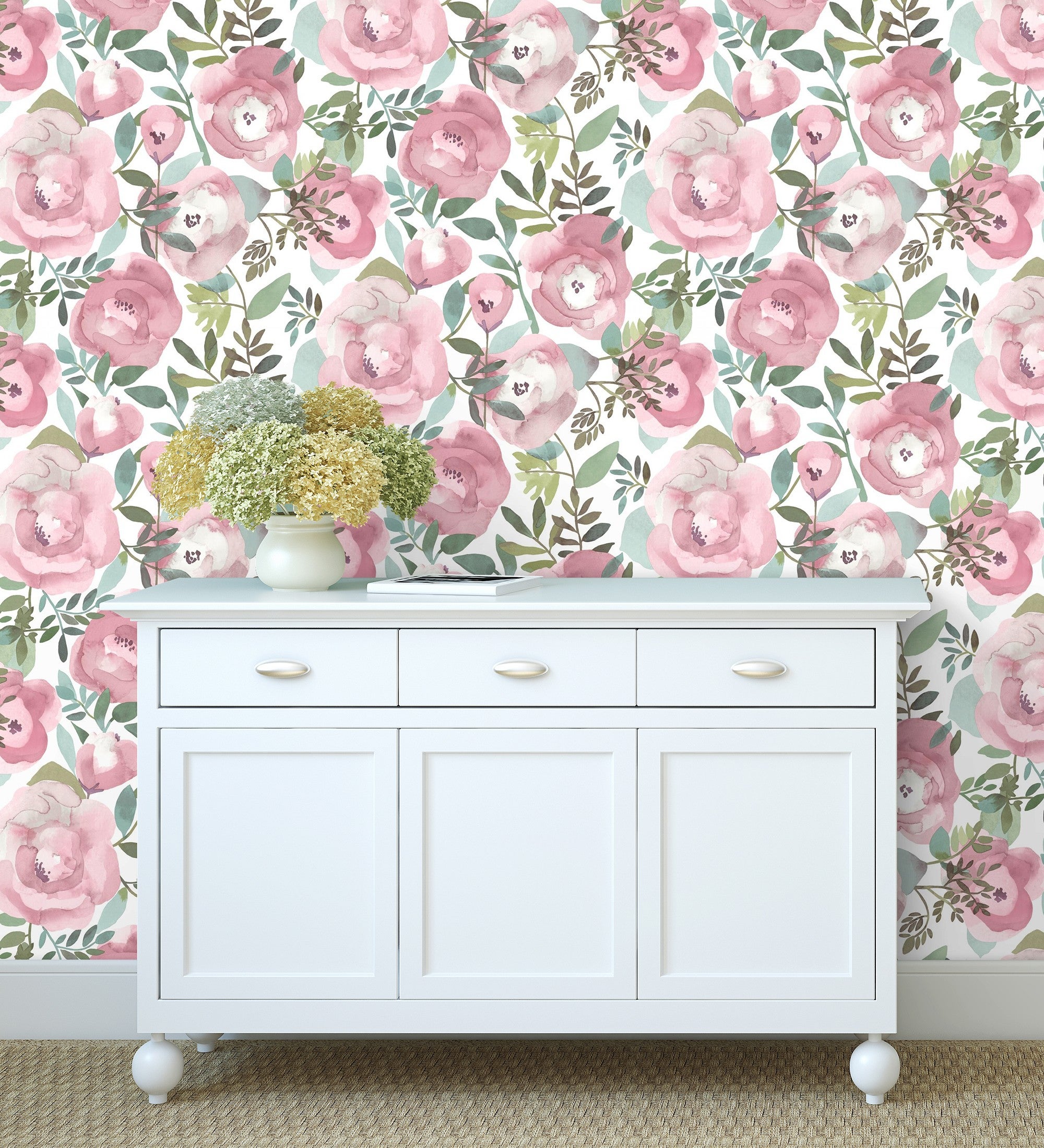 Muestra din a4 de papel pintado vinílico ecológico de flores rosas pintadas a acuarela - camellias garden 680626 de gaulan