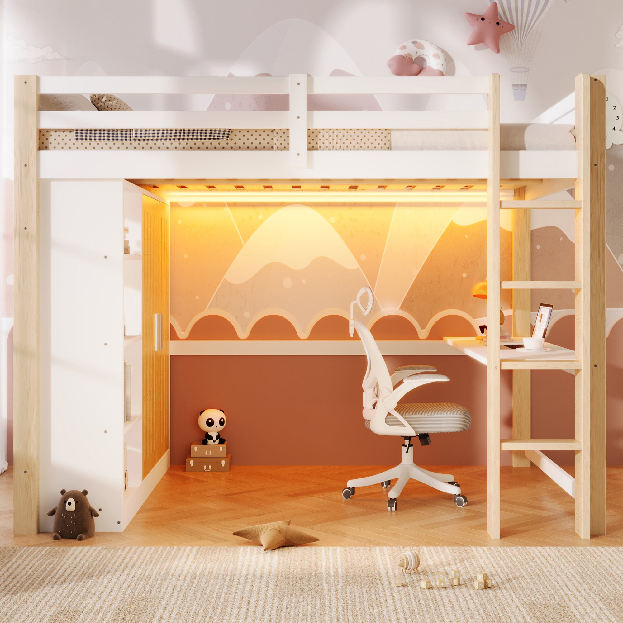 Lit mezzanine 140 x 200 cm avec armoire, étagère et bureau - Pin + MDF + contreplaqué - LEDs - Blanc et naturel (Sans matelas) - 4