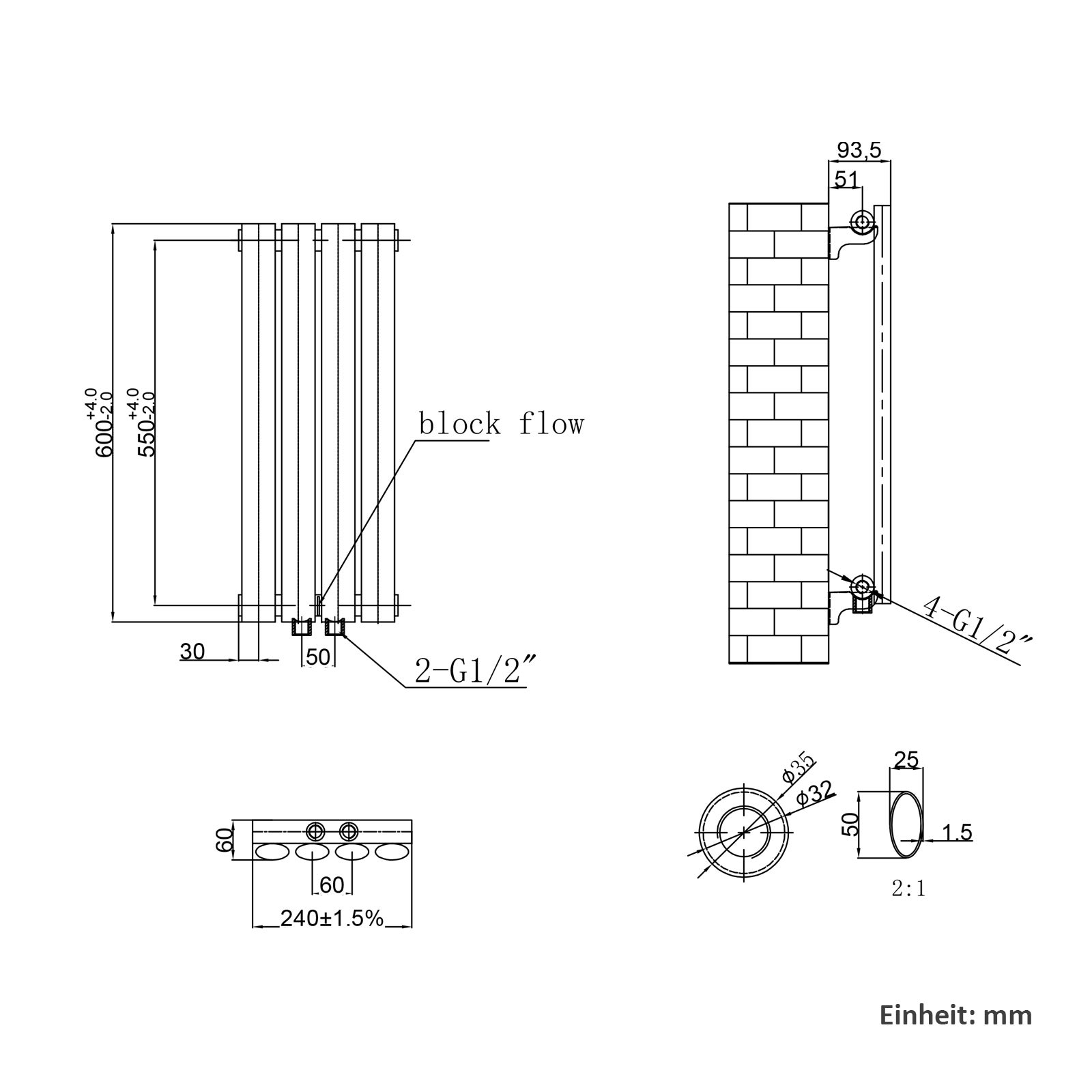 EMKE Radiateur eau chaude en acier Tube Rond Radiateur Mural Blanc 60x24cm 177W Seule Couche - 8
