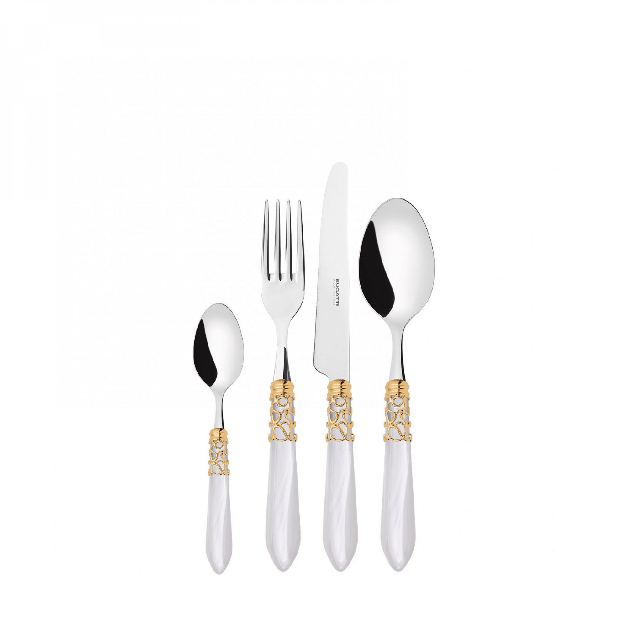Caderas de 24 piezas colocadas en estuche de madera blanca blanca nativa melodia ghiera dorata bugatti