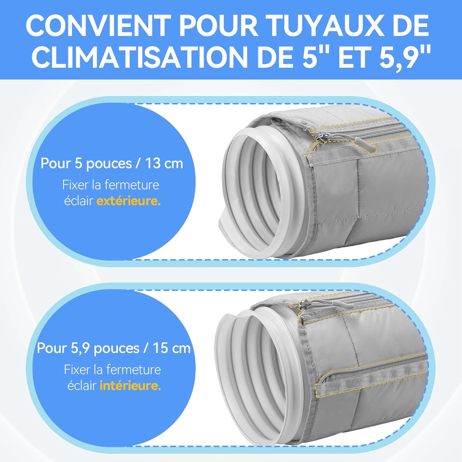 150cm Protection pour Tuyau Climatiseur ,Gris, Manchon Isolant À Fermeture Éclair pour Tuyaux De 5