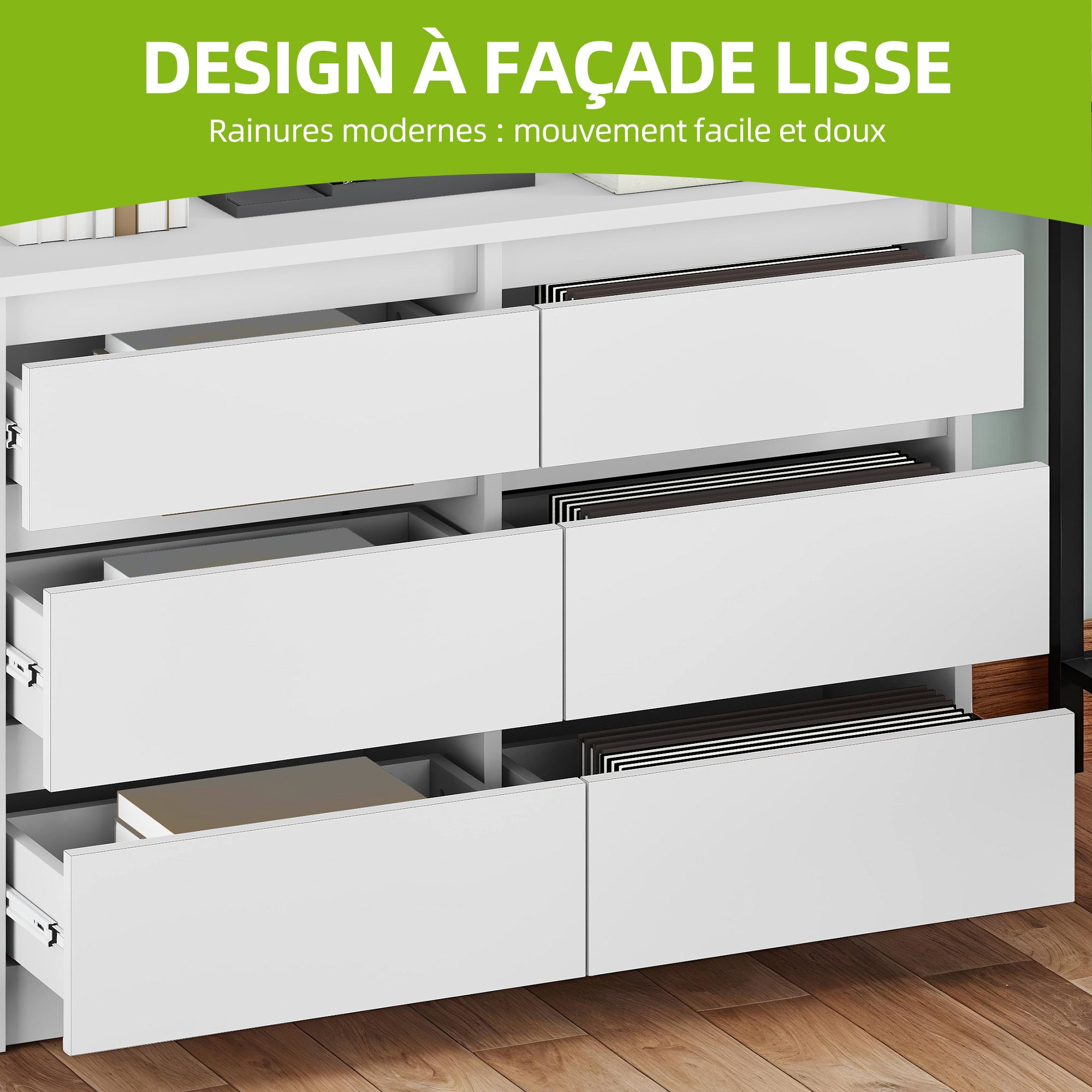 YITAHOME Commode en Bois à 6 Tiroirs avec Glissières - Table de Chevet - 100 x 30 x 70 cm , Blanc - 6