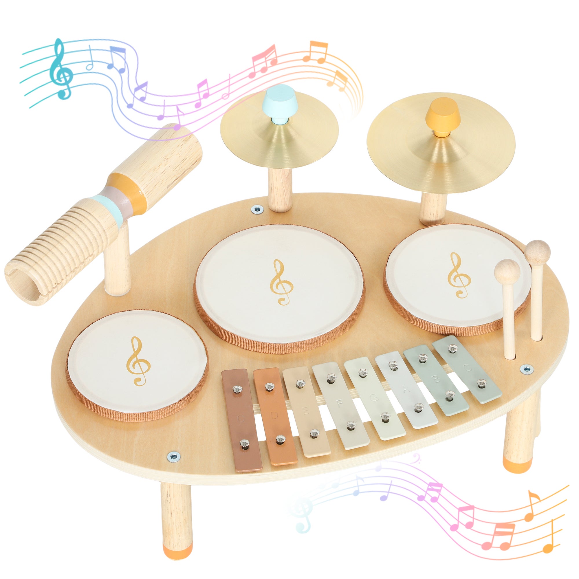 Ensemble D'instruments De Musique En Bois Pour Enfants – Xylophone, Tambourin, Maracas – Couleurs Neutres, Dès 3 Ans