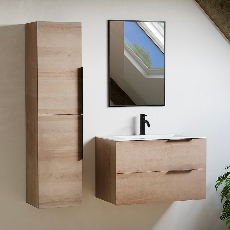 Szafka łazienkowa wisząca z umywalką do zabudowy i kolumną - Jasny naturalny - 80 cm - NISAYA