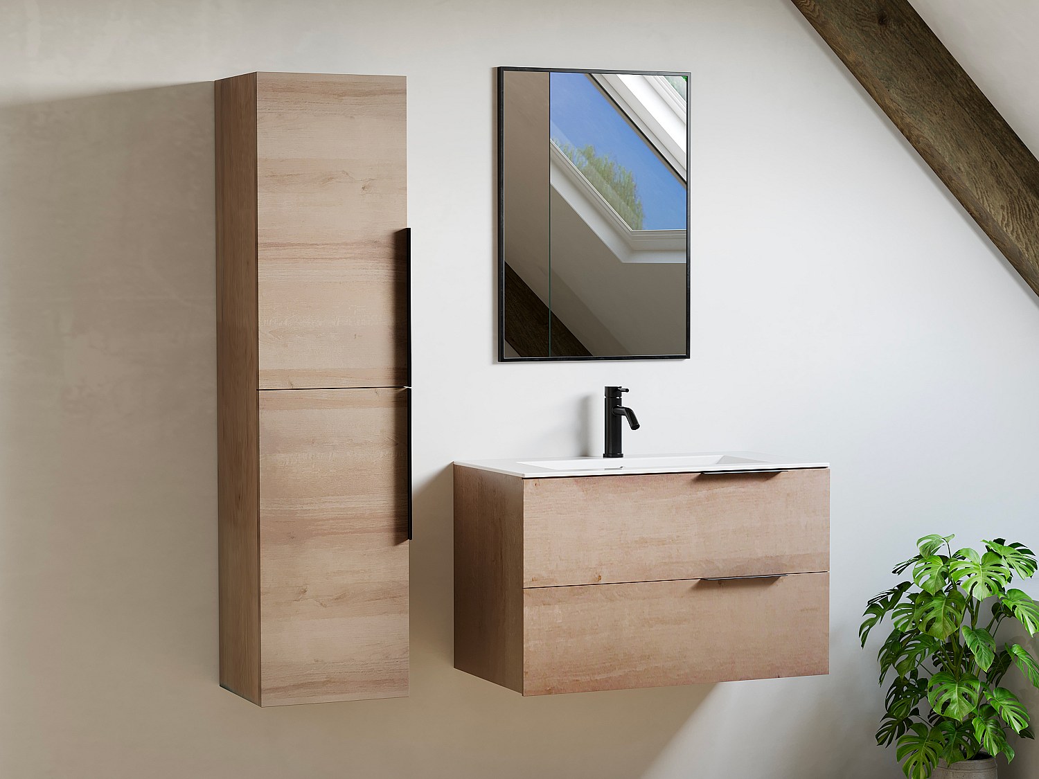 Szafka łazienkowa wisząca z umywalką do zabudowy i kolumną - Jasny naturalny - 80 cm - NISAYA