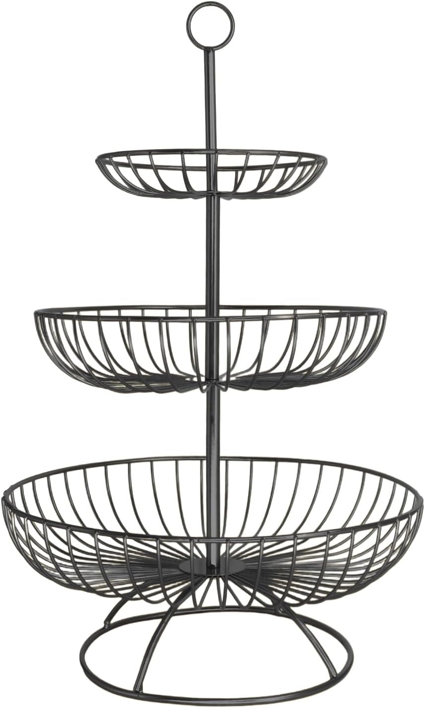 Trzypoziomowy, czarny, metalowy stojak na owoce i naczynia, półka do przechowywania, odpowiedni do kuchni i jadalni.