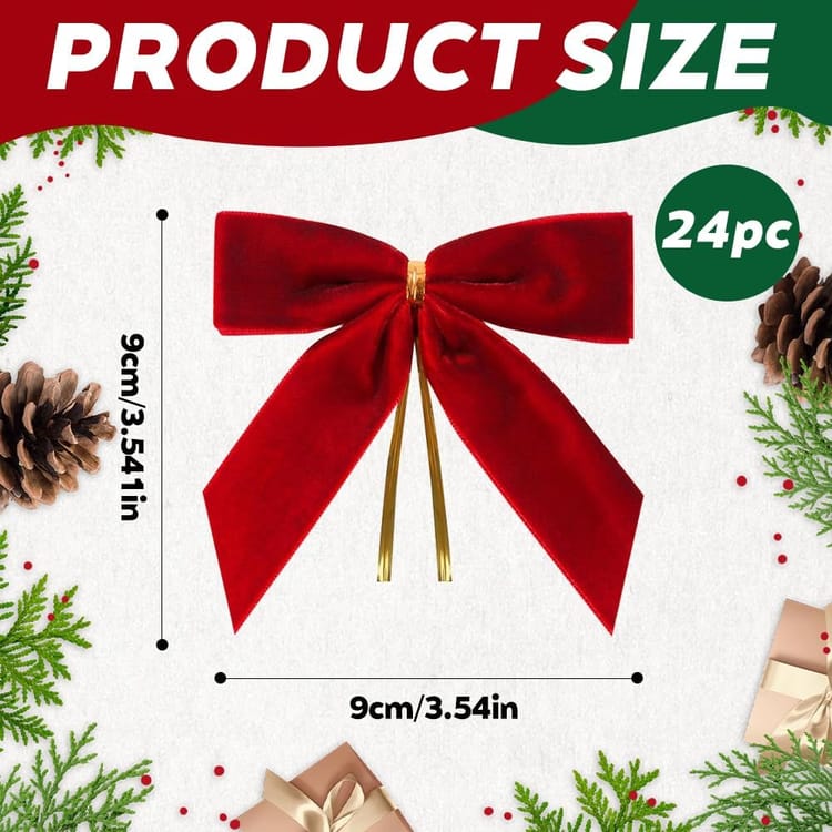 Lot de 24 décorations de Noël pour sapin et maison, nœuds en velours rouge et rubans dorés (rouge) - 2
