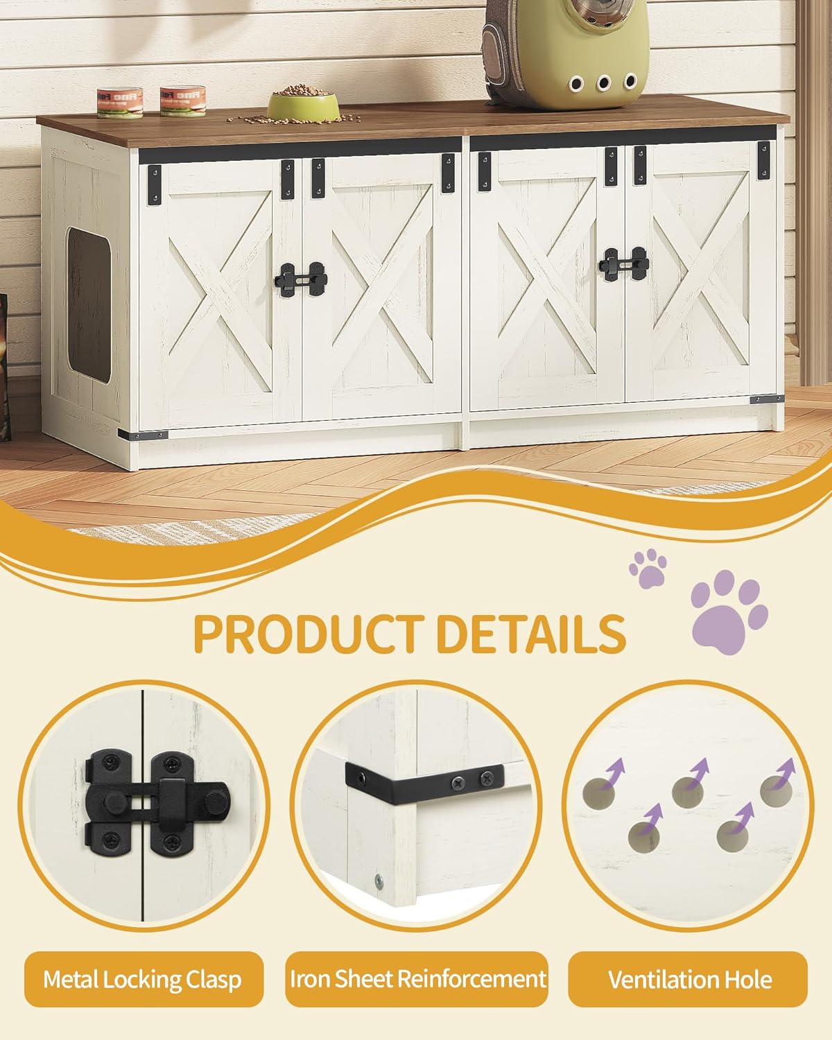 Móvel para Caixa de Areia para Gatos,Armário para 2 Gatos,Móvel Discreto para Sanitário Felino, Casinha Interior para Gatos,Castanho Rústico e Branco - 4