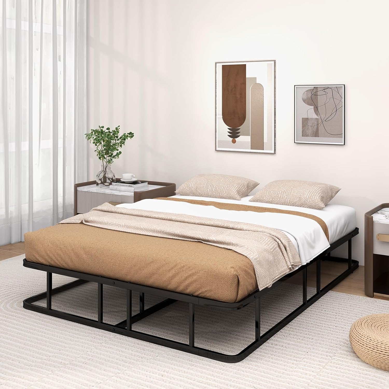 Estrutura de cama de casal 140x200 cm com ripas, cama plataforma de metal tamanho queen para adultos, fácil montagem, carga de 300 kg - 8