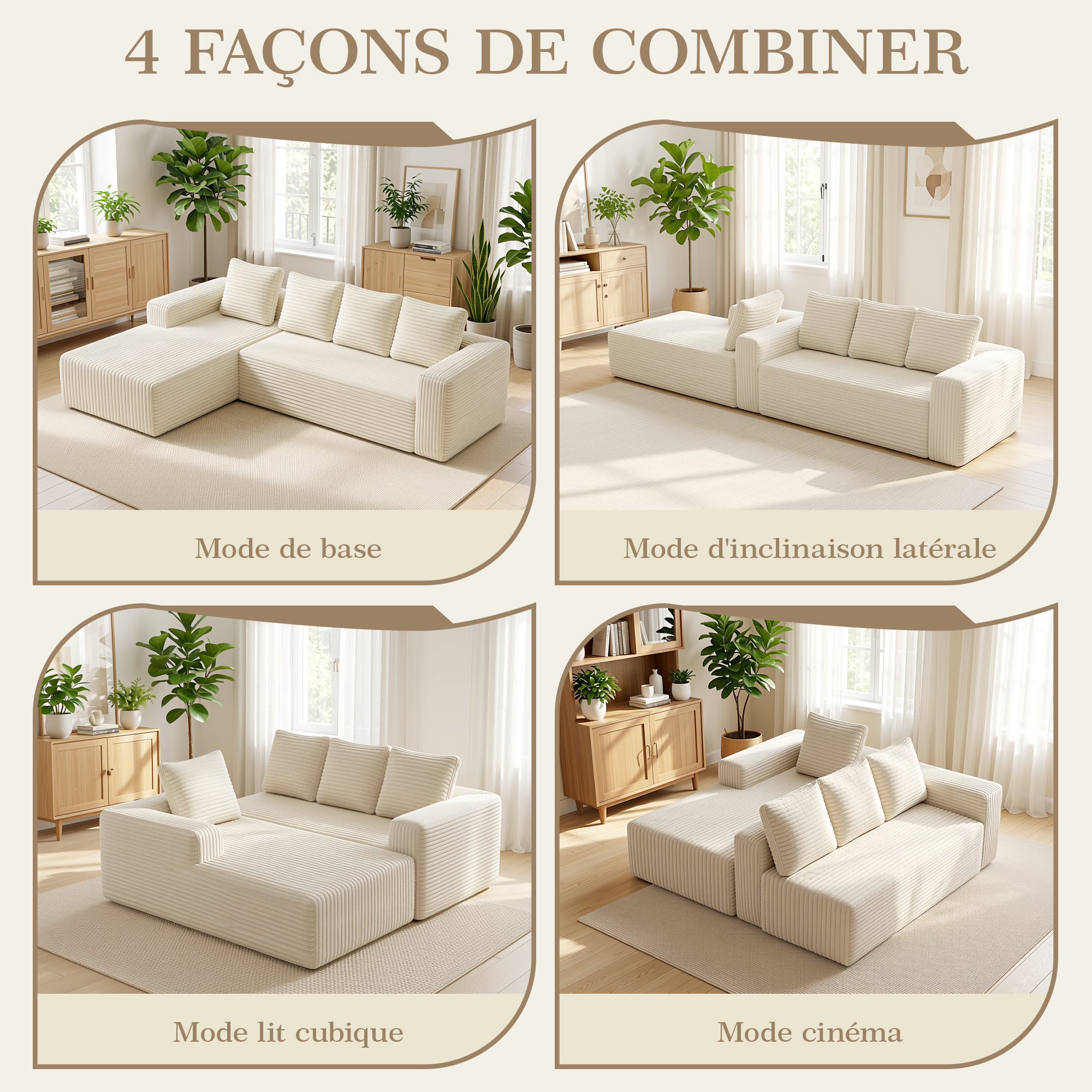 Canapé d'angle 4 places en L moderne, canapé modulable avec méridienne, en velours côtelé moelleux. 261x 168 x 58 cm Sans Assemblage, beige - 5