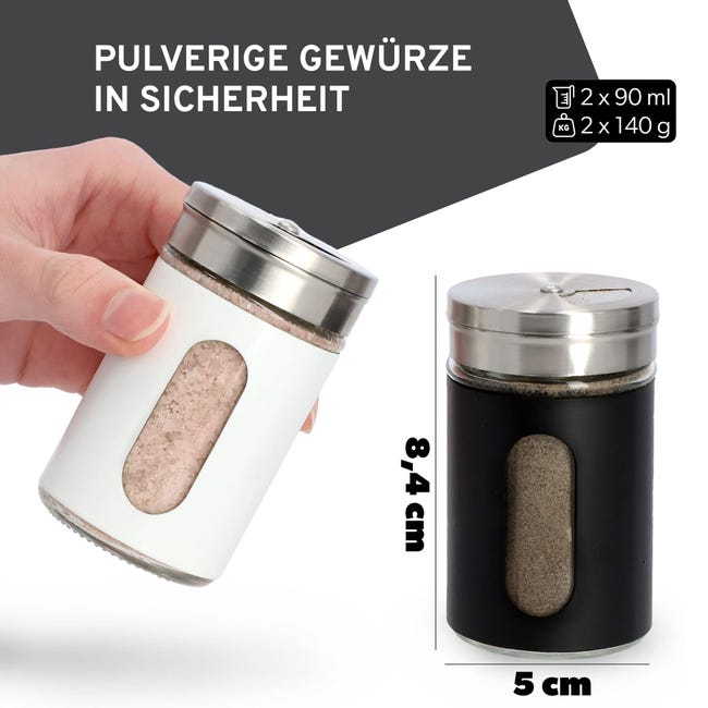 Set 2 Saliera E Pepiera In Acciaio Inox E Vetro - Coperchio Girevole Regolabile, 6x6x8 Cm - Per Cucina, Campeggio, Picnic