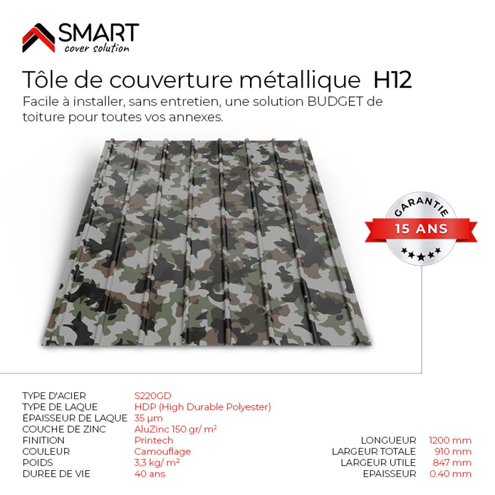 Tôle bac acier - Toiture - Couverture - plaque H12 Coloris Camouflage ...