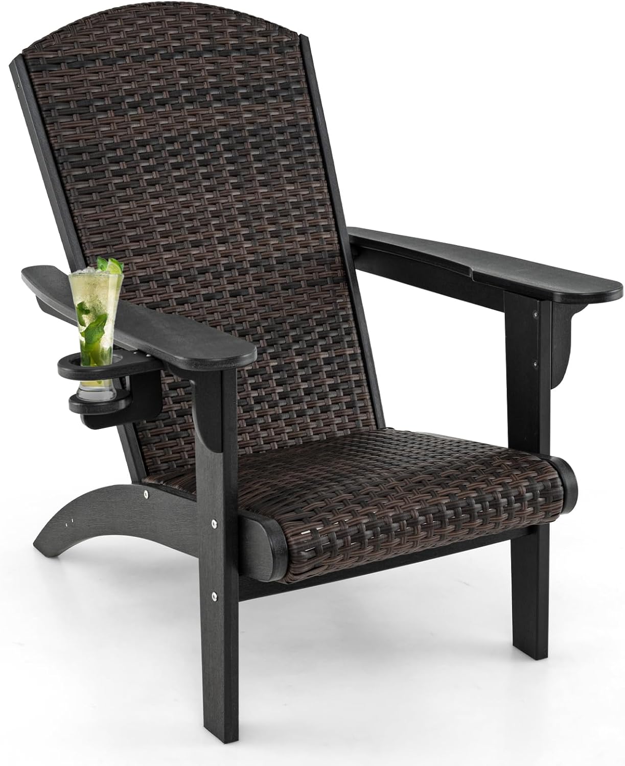Adirondack krzesło z uchwytem na napoje, krzesło Adirondack z HDPE i rattanu, do ogrodu, na taras (czarny i brązowy mieszany)