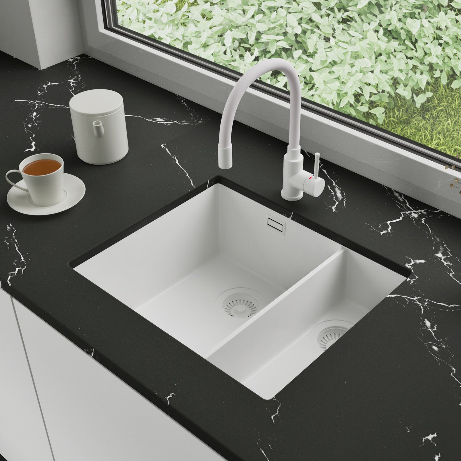 Zlewozmywak podblatowy 56x47cm, do szafki od 60cm + Bateria + Syfon - Agate Cały Biały STONESTYLE