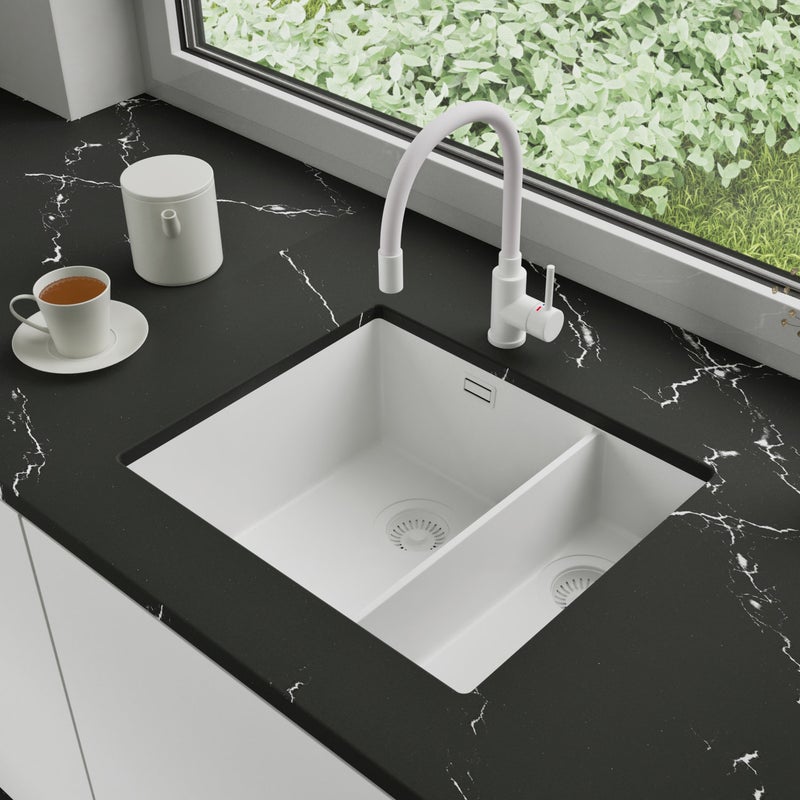 Zlewozmywak podblatowy 56x47cm, do szafki od 60cm + Bateria + Syfon - Agate Cały Biały STONESTYLE