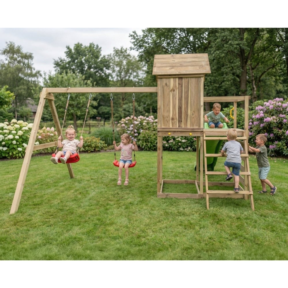Cabane surélevée en bois pour enfants Maxplay 5 avec toboggan vert, double balançoire et mur d’escalade - 7
