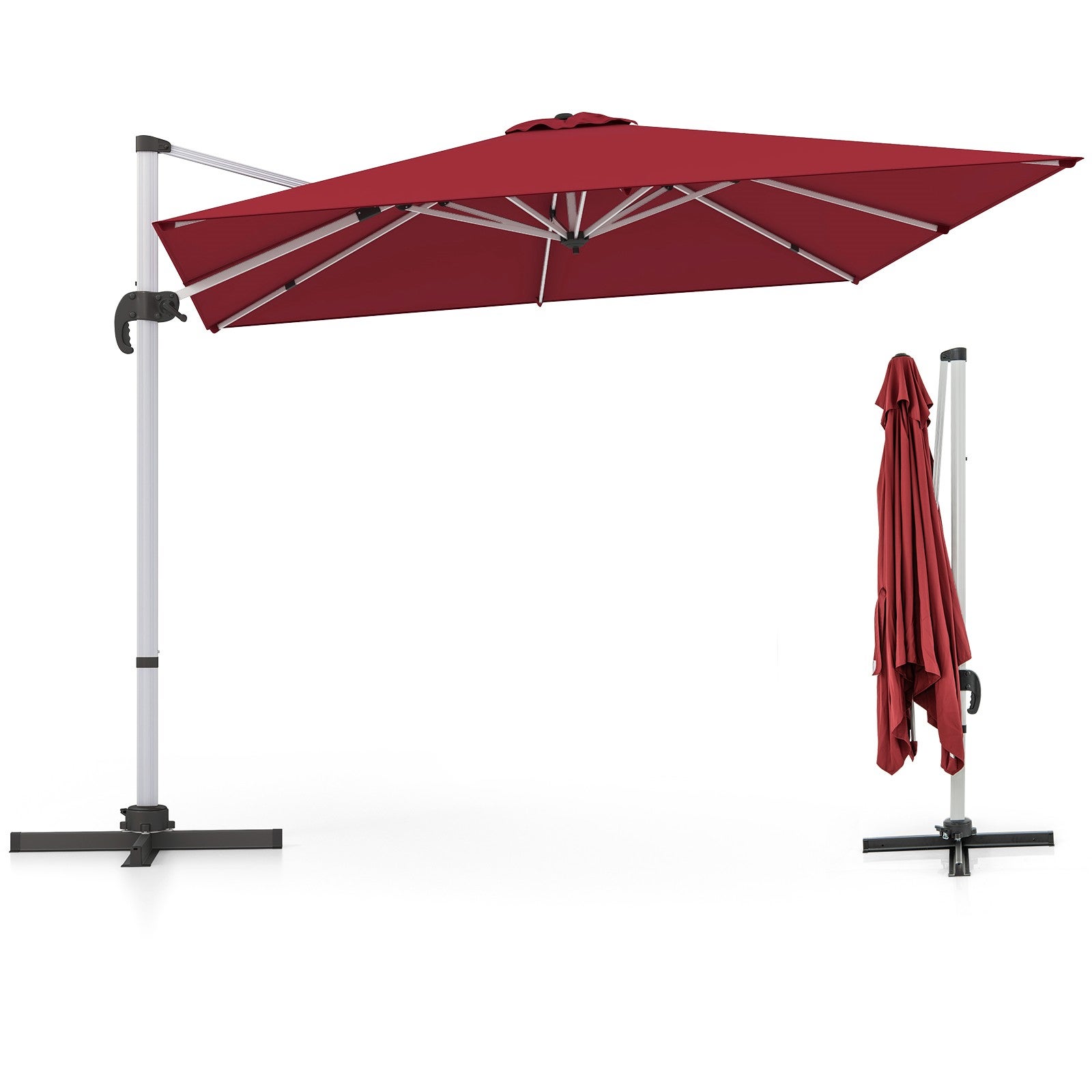 Parasol Ogrodowy z Wysięgnikiem 3x3 m, 8 Żeber, UPF50+, Podstawa Krzyżowa, 5 Pozycji Nachylenia i Obrót o 360 Stopni, Bordowy