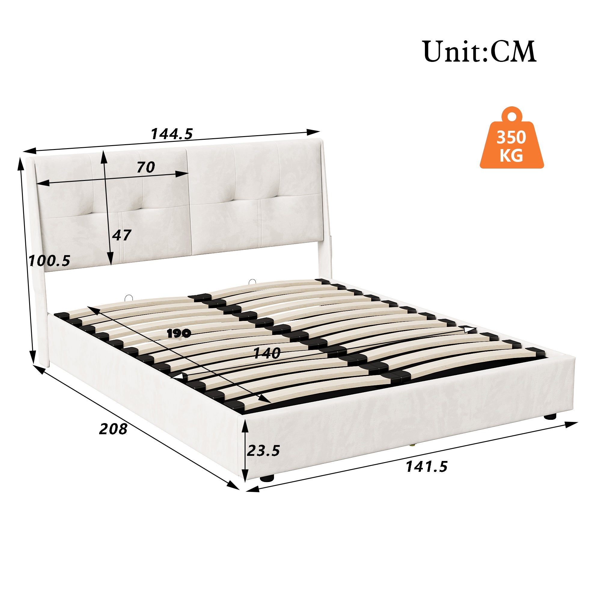 Lit coffre 140x190 cm avec LED, cadre de lit double avec sommier à lattes, tissu en velours, lit adulte, 140x190 cm, beige - 6