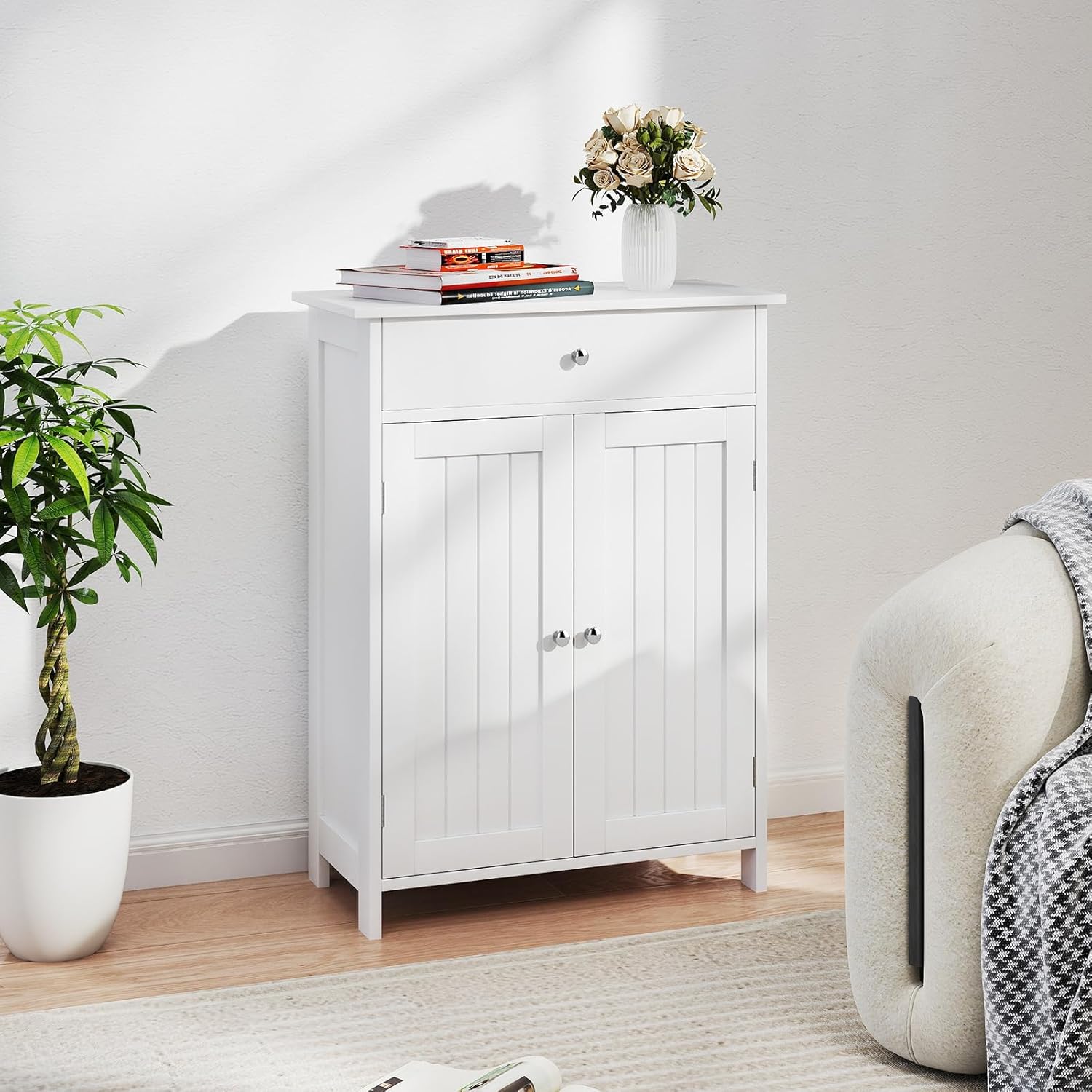 Meuble Salle de Bain 60 x 30 x 80 CM, Armoire de Rangement avec 1 Tiroir, 2 Portes, Étagère Réglable, avec Dispositif Anti-Basculement, Blanc - 9