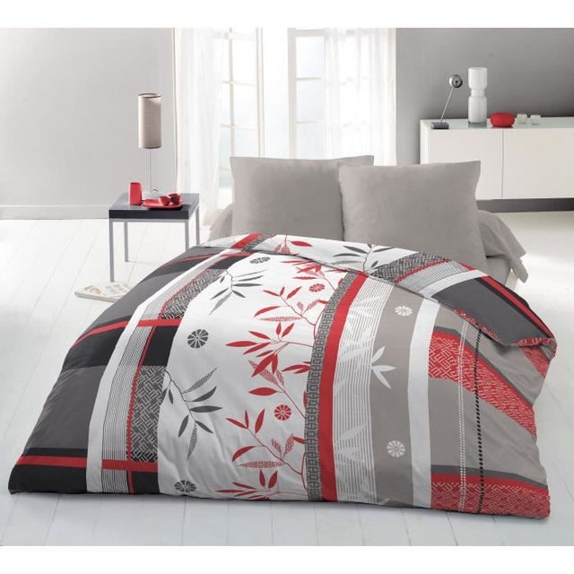 Parure de couette Microfibre JAPANESE BAMBOO - 1 housse de couette 220x240 cm + 2 taies 63x63 cm - Gris et Rouge