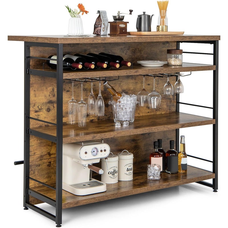 Domowy Bar, Regał Kuchenny z 4 Otwartymi Półkami, Szafka Barowa 120 x 60 x 101 cm z Podnóżkiem i Regulowanymi Poduszkami na Nogi (Rustykalny)