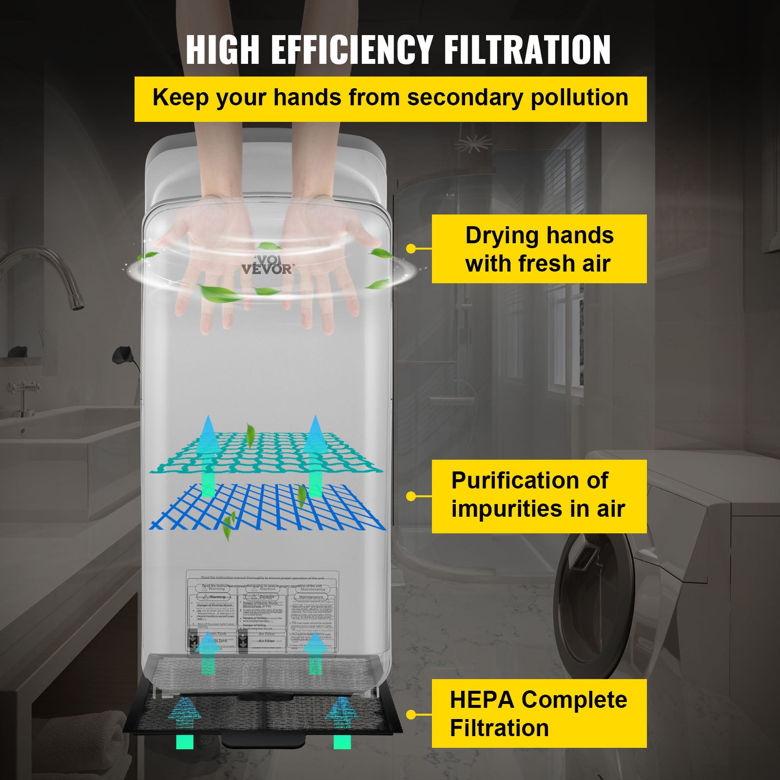 Sèche-Mains Automatique VEVOR 2000W Sèche Main Air Pulsé électrique Commercial ABS Super Puissant Filtration HEPA 43℃ Moteur à Balais Carbone Argent - 3