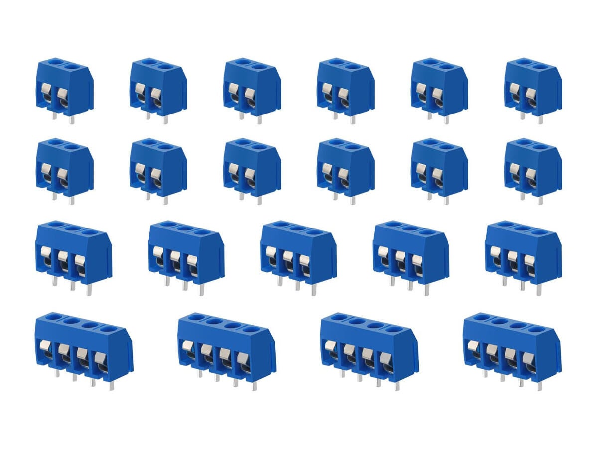 100 sztuk złączek śrubowych do PCB, rozstaw 5 mm, 2-, 3- i 4-stykowe złącze śrubowe do PCB, niebieskie