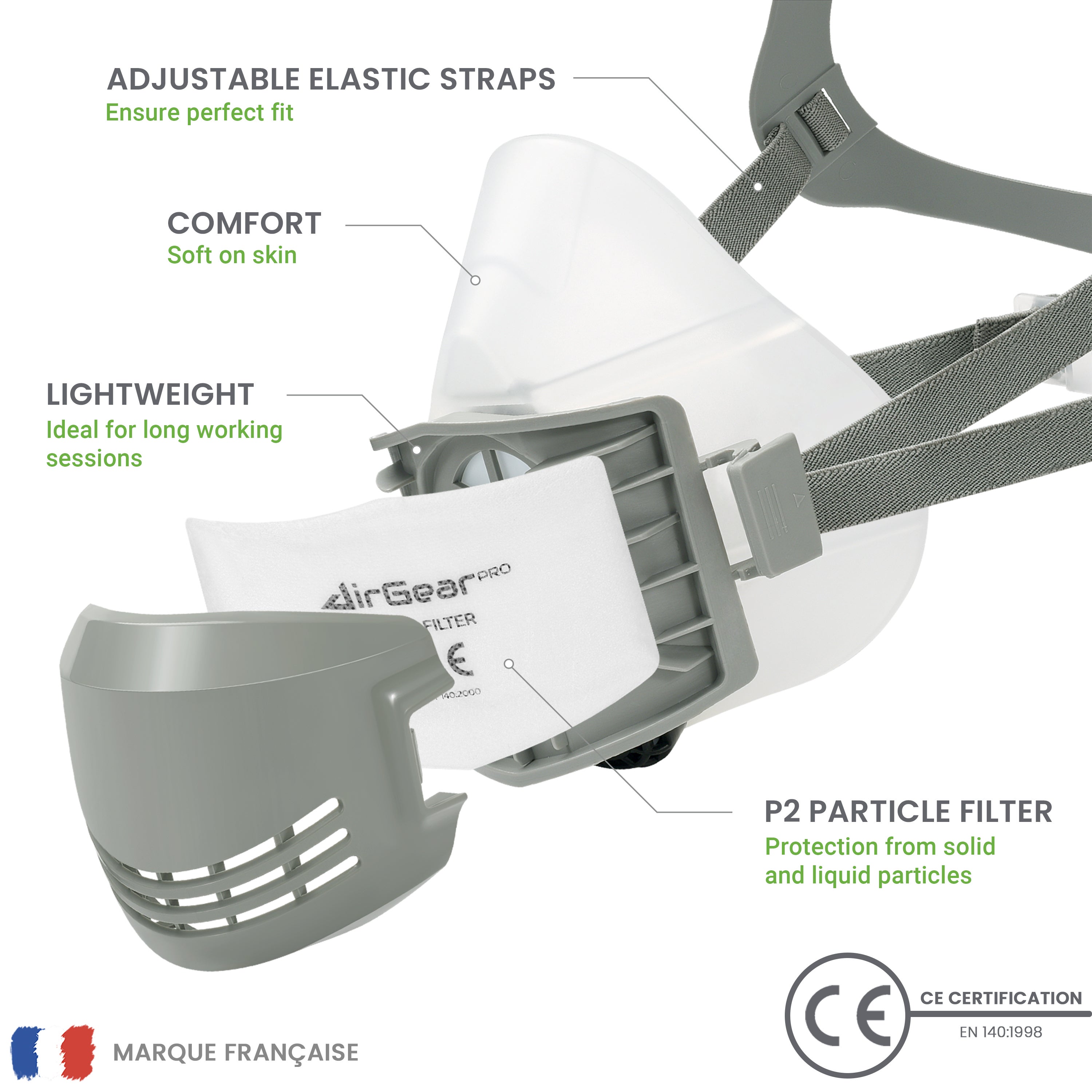 AirGearPro D-200 Masque de Protection Respiratoire Réutilisable, Anti poussière - 2