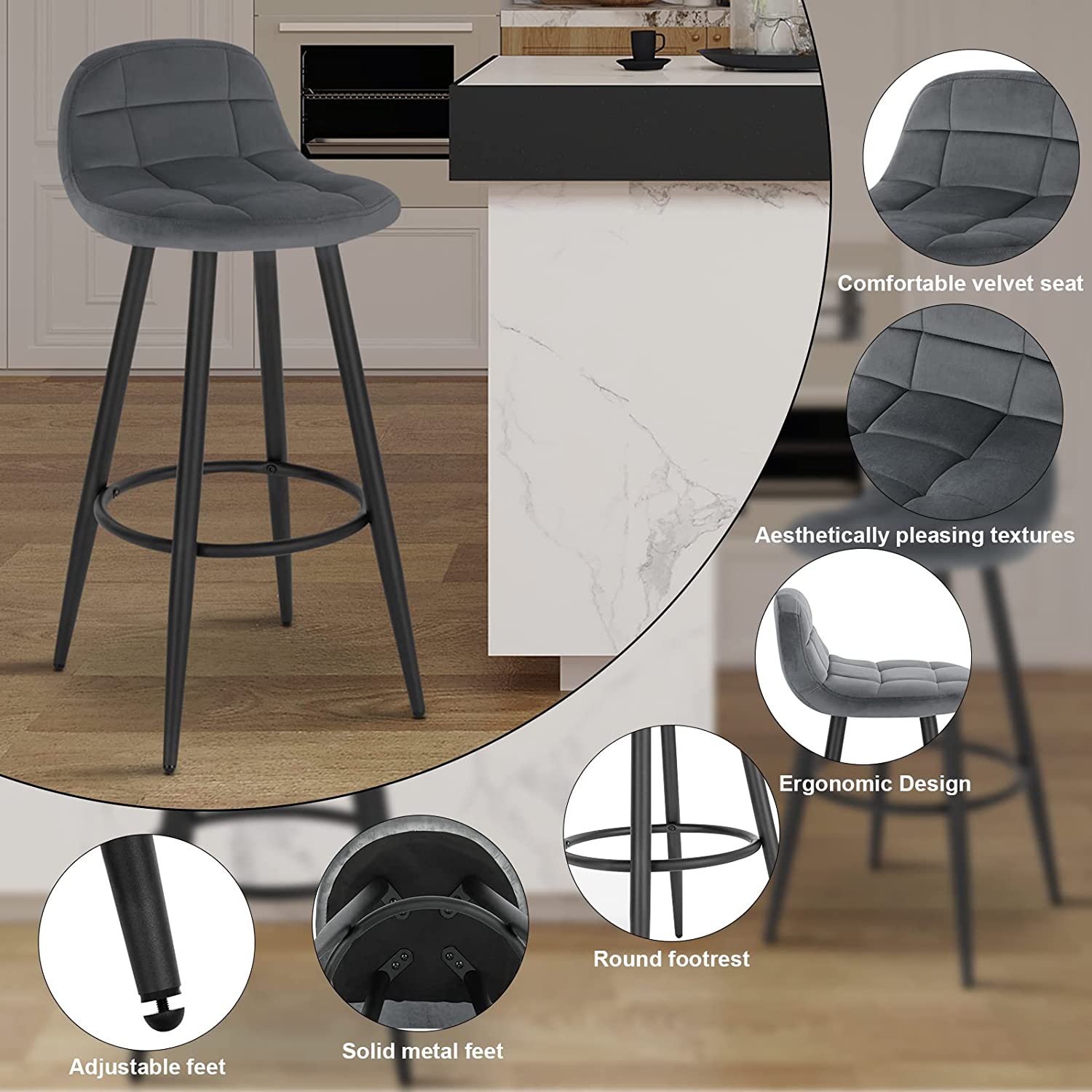 Lot de 2 Tabourets de Bar Modernes WOLTU, Chaise de Cuisine Haute en Velours et Métal, Hauteur d'Assise 70cm, Gris Foncé - 5