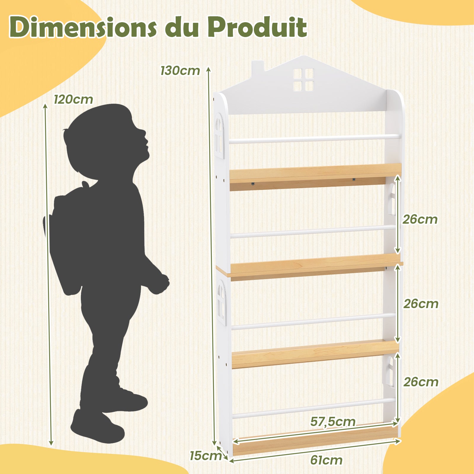 Bibliothèque pour Enfants en Forme de Maison, Étagère à 4 Niveaux avec Barrières Anti-chute et Barres Métalliques, Conception avec Socle Réservé - 2