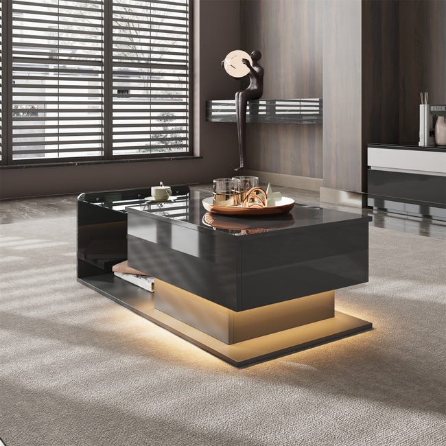 Couchtisch, Hochglanz Schwarz, Beistelltisch, Couchtisch mit Glas und LED-Effekt, mit Glasplatte