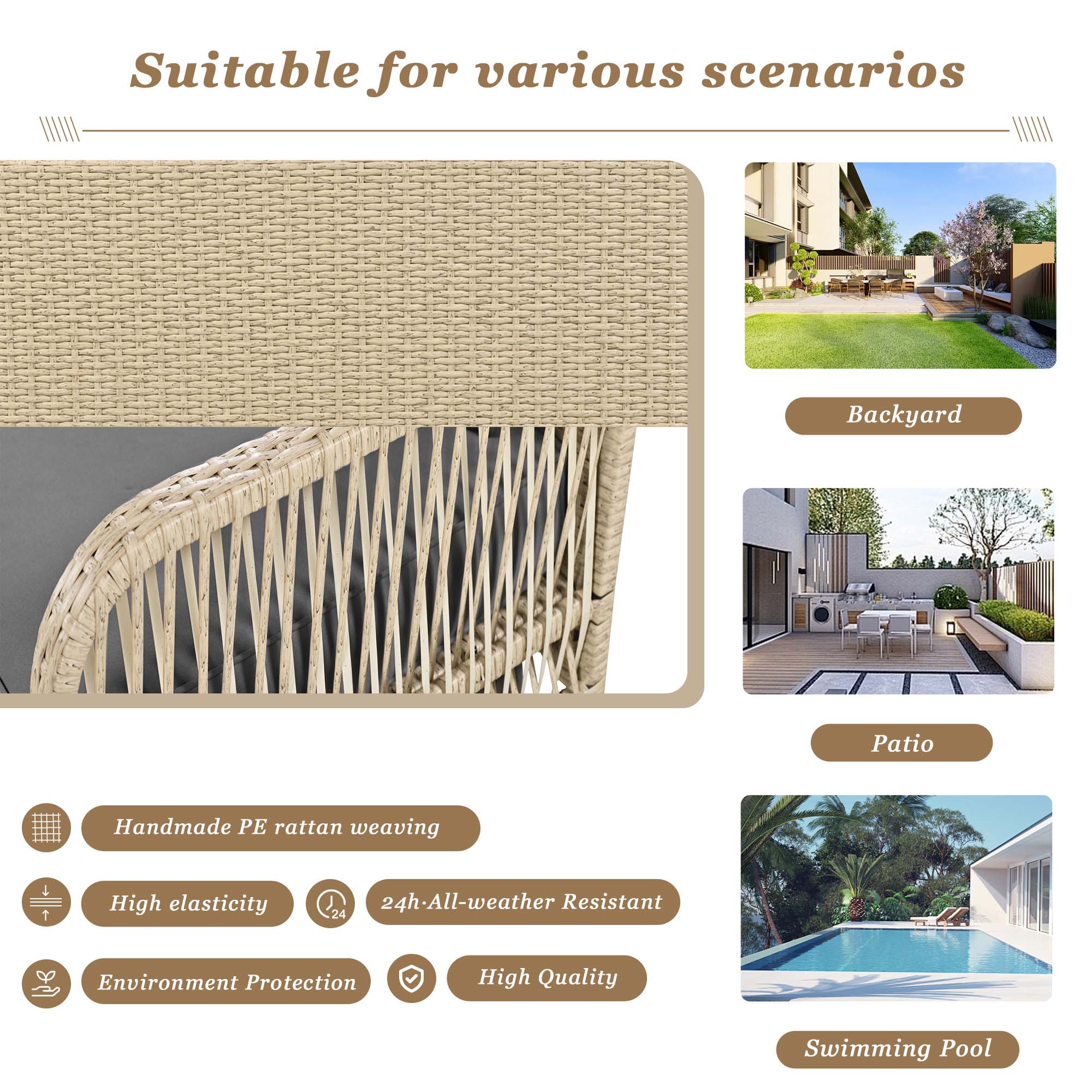 Balancelle de Jardin en Rotin Beige avec Coussins Beige – 2 Places, Élégante et Confortable - 8