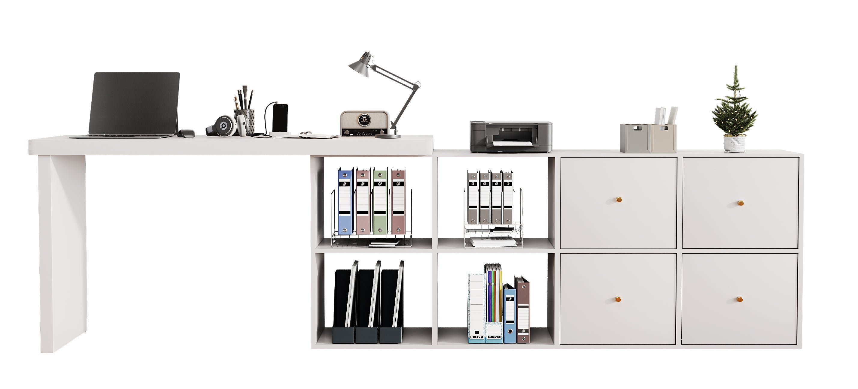 Bureau d'angle pivotant avec 4 compartiments et 4 tiroirs - 120 x 48 x 78 cm + 140 x 35 x 74  cm - MDF - Blanc - 10