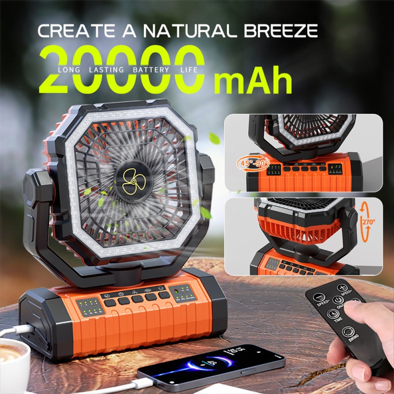 Ventilateur de camping rechargeable avec lanterne LED, télécommande, oscillation (suspendu, batterie longue durée) - 9